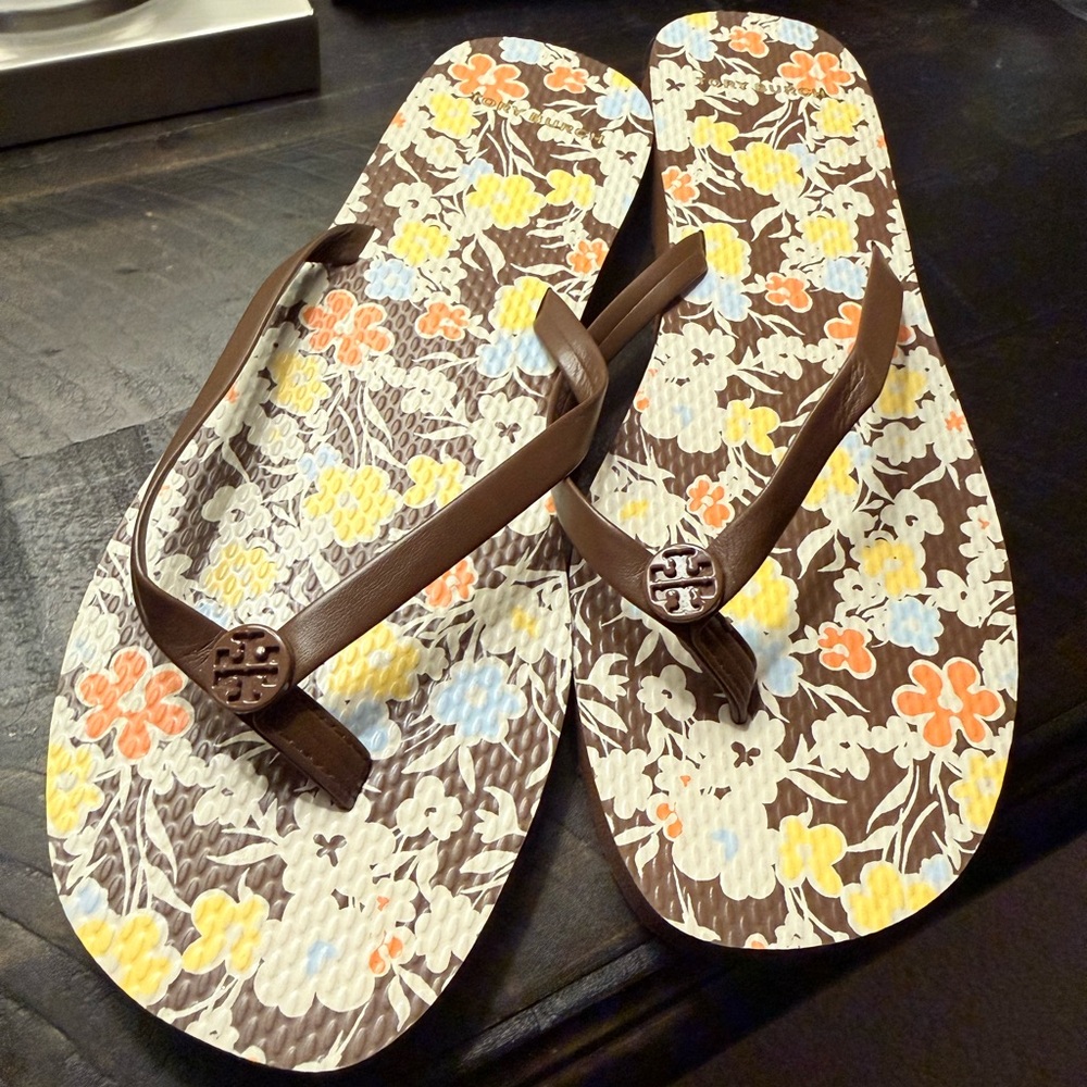 Tory Burch Soho Reverie Walnut Brown Floral Women’s Thin Flip Flop SZ 8m